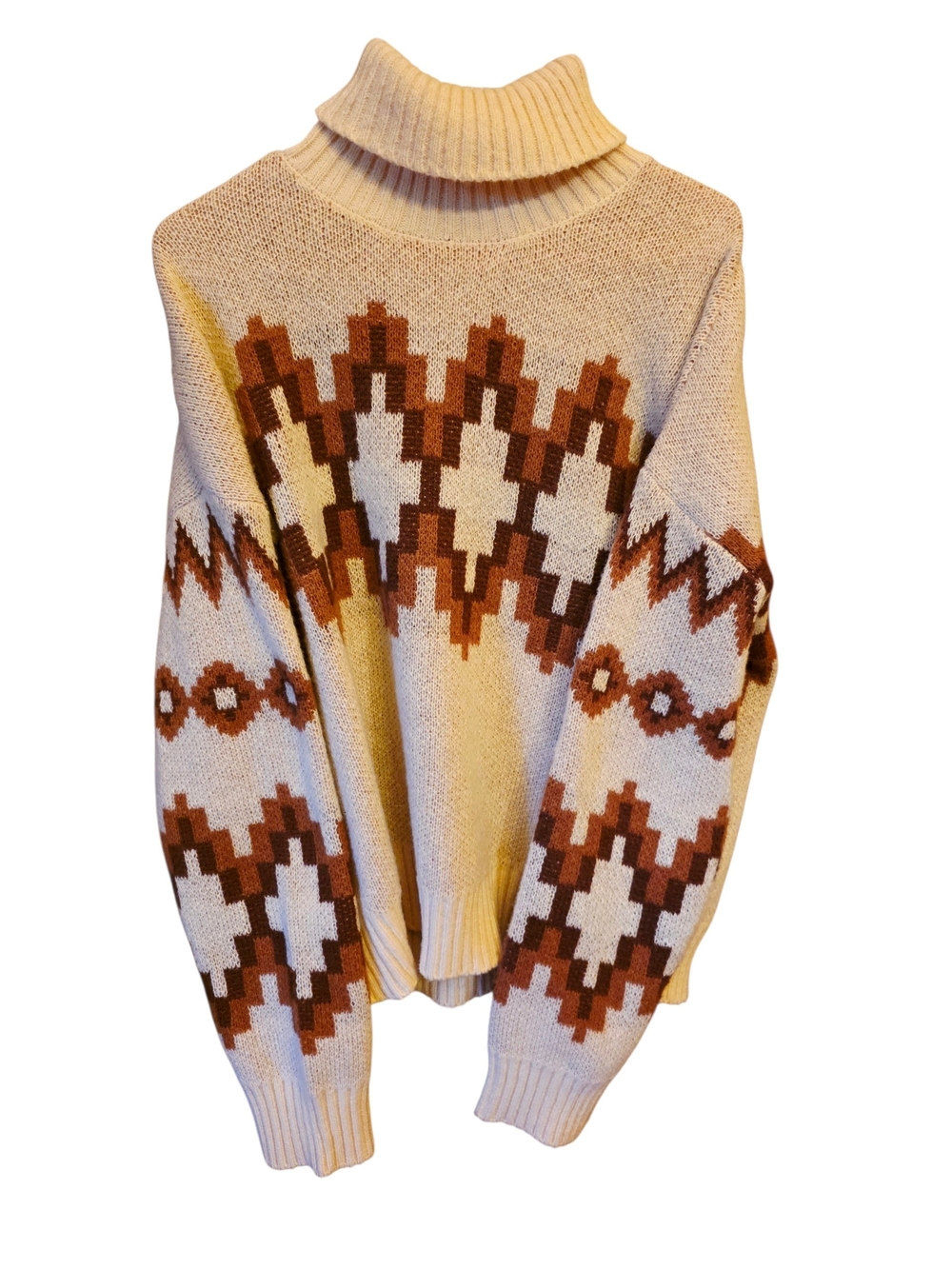 Vigoss Cream & Brown Geometric Turtleneck Sweater M